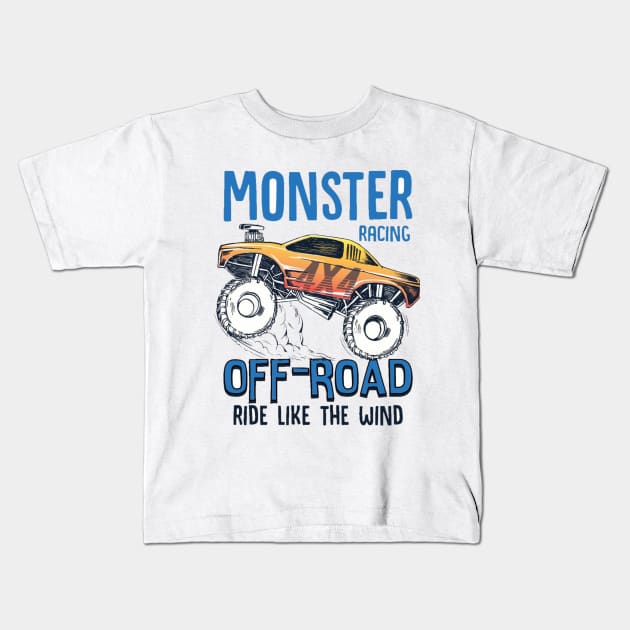 Monster racing Kids T-Shirt by FunnyHedgehog